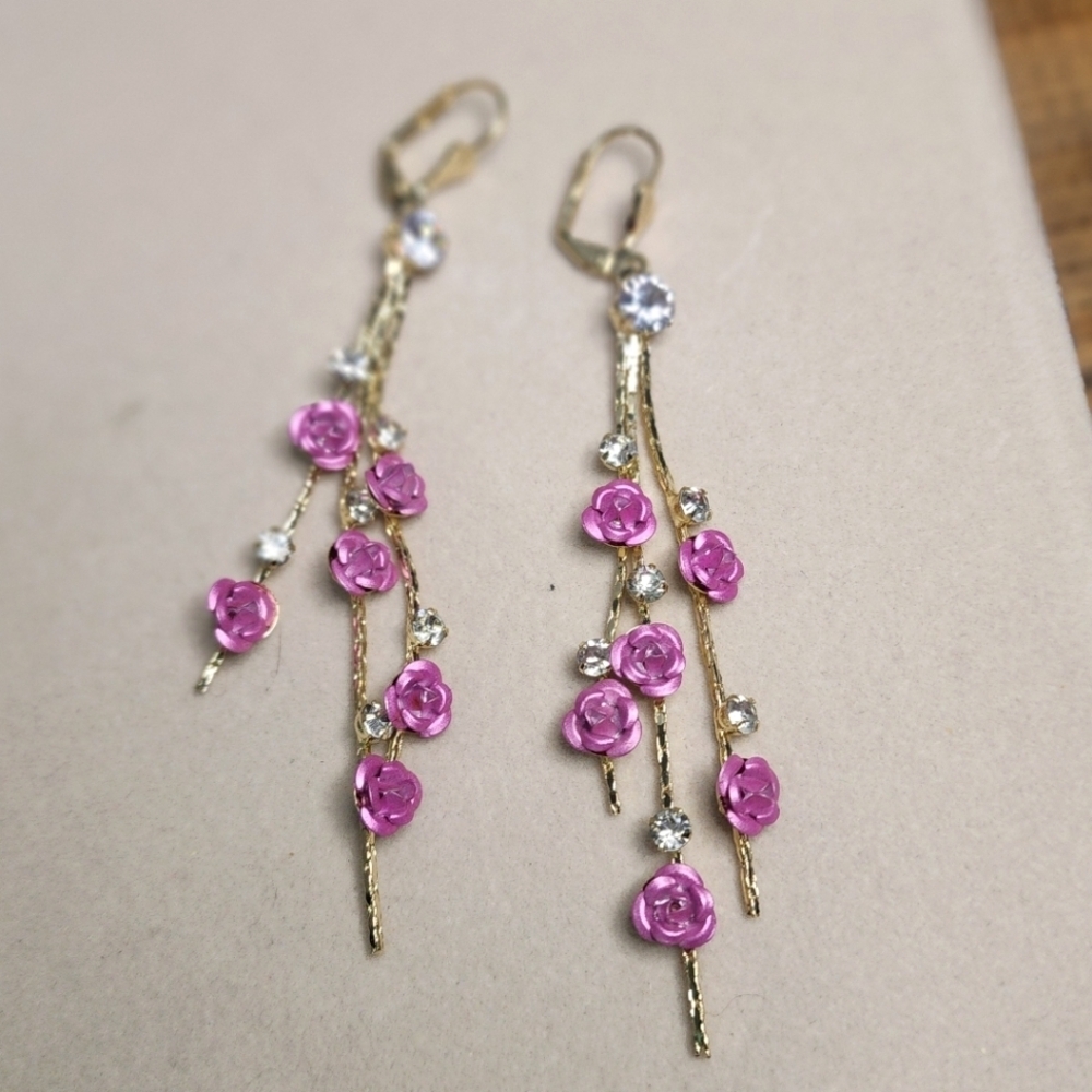 Gold with CZ Crystals and Pink Rose Flower Dangle Earrings